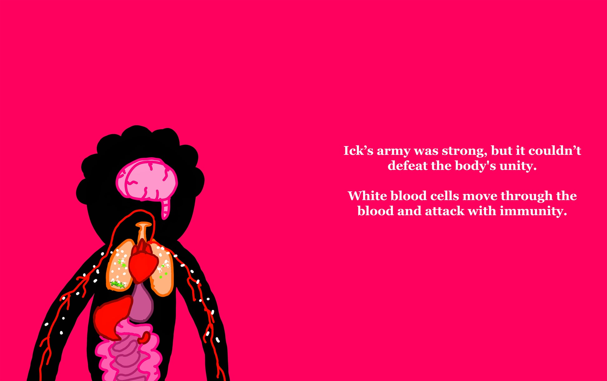 An educational illustration on a bright pink background showing a stylized human figure with a cutaway brain and internal organs, alongside white text explaining immune system function.